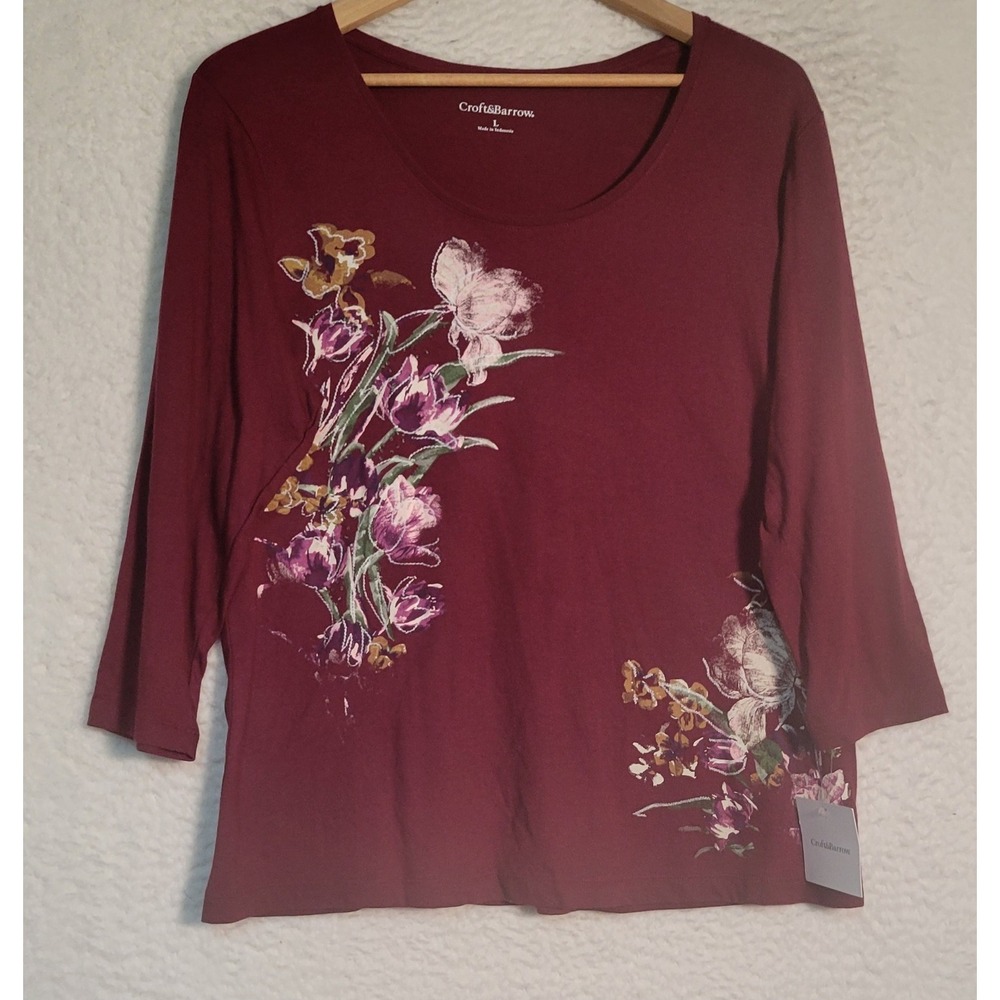 Croft & Barrow Women's Top NWT NEW Size L Floral 3/4 Sleeve Maroon Pullover 1924